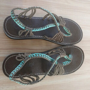 Plaka Hand-Woven Sandals Braided Women's Shoes Flats Gray & Aqua Sz 8